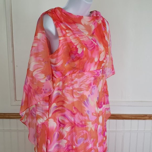 SOLD Vtg 60s Maxi Dress Women's Size 12 Watercolor Floral Pink Orange Capelet - Picture 6 of 13